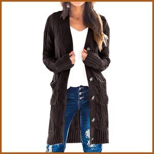 Long Sleeve Cable Knit Cardigan with Pockets, Open Front Button Sweater